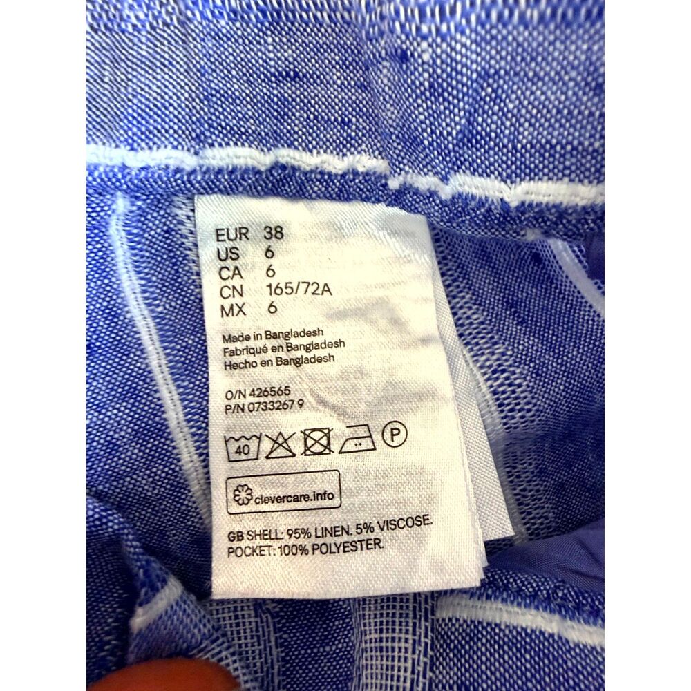 H&M Women’s Size 6 Blue White Striped Linen Blend Paperbag Belted Shorts - Picture 3 of 14
